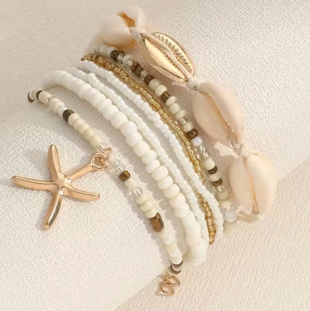 Gold and White Shell Bracelet Set